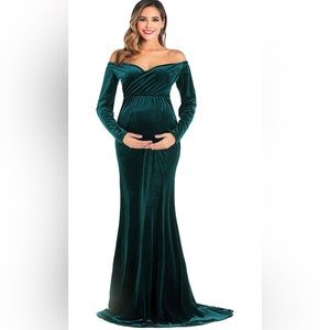 Velvet Maternity Off Shoulder Half Circle Fitted Gown Maxi